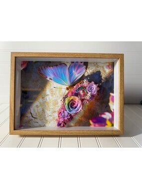 Worthfan Butterfly & Floral Shadow Box Art Natural Wood Frame Floral Decor Gift